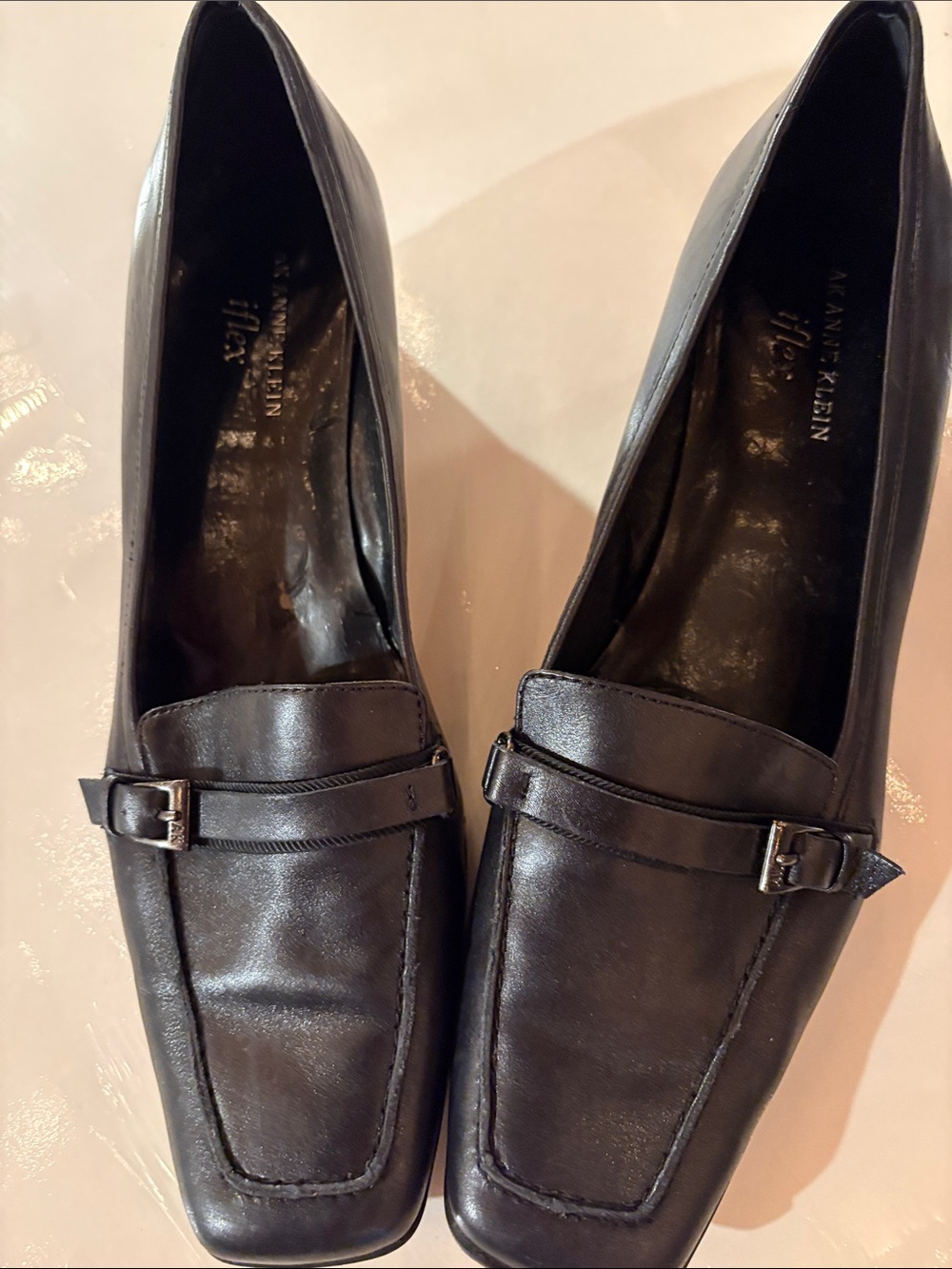 Anne Klein Dark Brown Leather Slip-On Loafers with Buckle